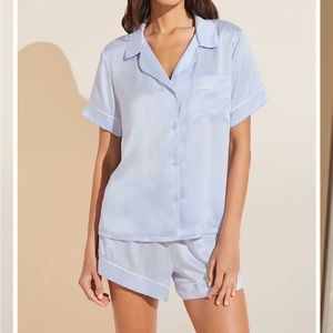 Eberjey Inez Washable Silk Short PJ Set in Powder Blue/Champagne Size XS